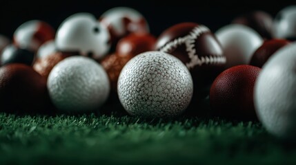 A visually striking arrangement of various sports balls on a dark surface captures the energy and diversity of sports, making it an ideal image for athletic and sports-themed content.