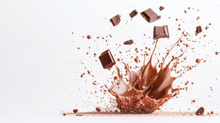 Chunks of dark chocolate explode in a splash of cocoa, creating an artistic and delectable scene that captures the richness and allure of fine chocolate.