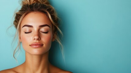 A serene portrait of a woman with closed eyes against a soothing blue backdrop, conveying feelings of tranquility, self-care, and the essence of inner beauty and mindfulness.