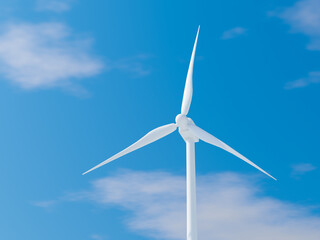 Single wind turbine with sharp blades against a bright blue sky.