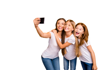 Photo of three funny ladies holding telephone taking selfies wear casual clothes isolated yellow background