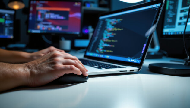 Image showcases person working laptop, with hands mouse, surrounded by multiple computer screens displaying code and programming interfaces. atmosphere is focused and tech oriented, ideal