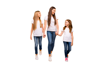 Three sister ladies holding arms spending weekend walking shopping wear casual outfit isolated yellow background