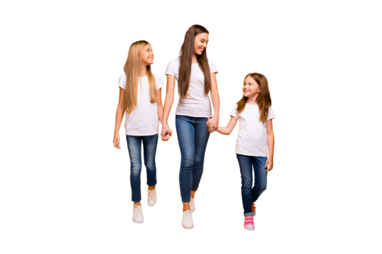 Three sister ladies holding arms spending weekend walking shopping wear casual outfit isolated yellow background