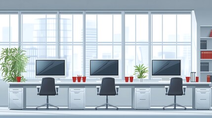 Modern Office Interior with Desks and Computers