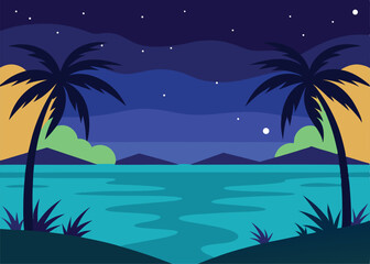 tropical beach night scene palm trees framing