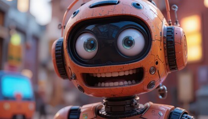 Close up of an orange robot with big eyes and a wide smile in a city setting with blurred background
