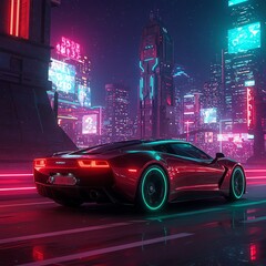 Red car city neon futuristic urban setting