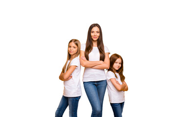 Obraz premium Photo of three sister ladies self-confident crossing arms wear casual outfit isolated yellow background