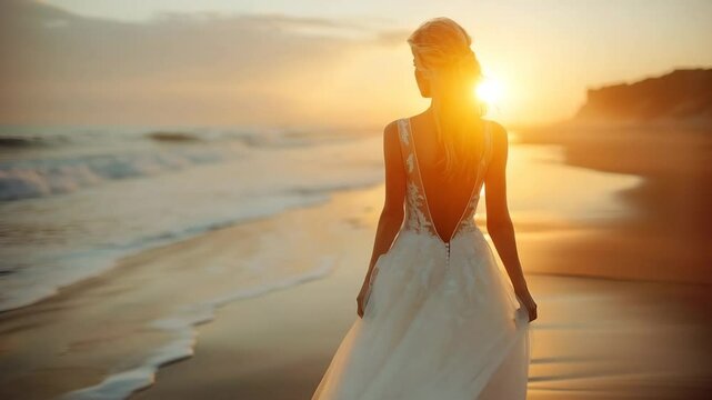 Bride in elegant wedding dress walking along beach at sunset with golden sunlight and ocean waves