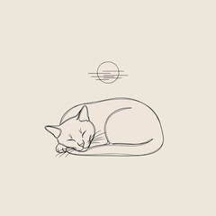 Cozy Slumber: A minimalist line drawing captures a serene, curled-up cat in a gentle repose, evoking feelings of tranquility and peace.