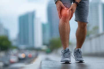 Runner experiencing acute knee pain and inflammation during outdoor urban workout; athletic injury with red highlight in city environment, emphasizing health, strain, and potential need for physiother