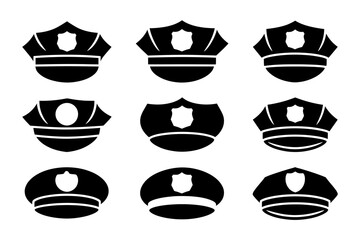 Police officer hat collection vector silhouette set