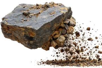 a boulder fragment breaking off under avalanche pressure, detailed stone textures and debris suspended crisply against pure