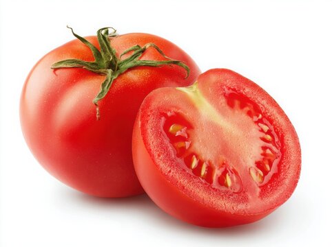 A ripe red tomato and a juicy tomato slice isolated on a white background for food concepts.