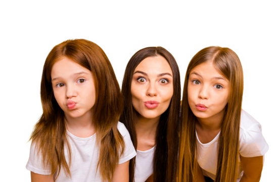 Photo of three coquette sister ladies sending air kisses wear casual white t-shirts isolated yellow background - Powered by Adobe
