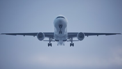 Airplane in the sky, over the cloudy sky
