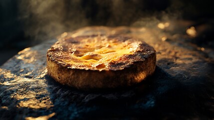 Delicious freshly baked pie resting on a rustic textured stone surface