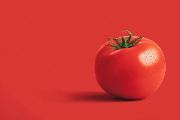 Minimalist photo of a ripe tomato placed on a vibrant red surface with dramatic shadow, ideal for food or design themes.