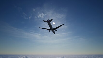 Airplane in the sky, over the cloudy sky
