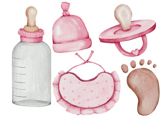 Baby clipart newborn watercolor, pacifier, bottle, bow, pink, bib, toy