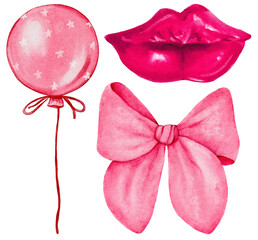 Pink lips, pink balloon, pink bow, watercolor illustration