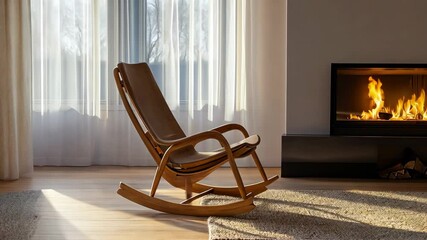 A minimalist wooden rocking chair styled beside a glowing fireplace. background - Powered by Adobe
