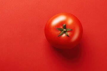 Minimalist photo of a ripe tomato placed on a vibrant red surface with dramatic shadow, ideal for food or design themes.