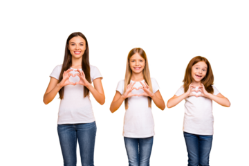 Pretty sister ladies meet holidays together making heart figure with hands wear casual outfit isolated yellow background