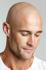 Fototapeta premium Pensive Bald Man Looking Downward in Studio Lighting, Showcasing Vulnerability and Personal Reflection for Mental Wellness Campaigns : Generative AI