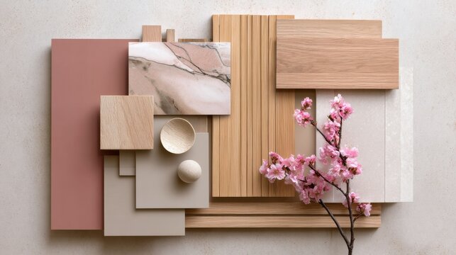 Interior Design Mood Board With Pink Cherry Blossoms, Showcasing Material Palette and Creative Inspiration for Home Renovation Projects : Generative AI