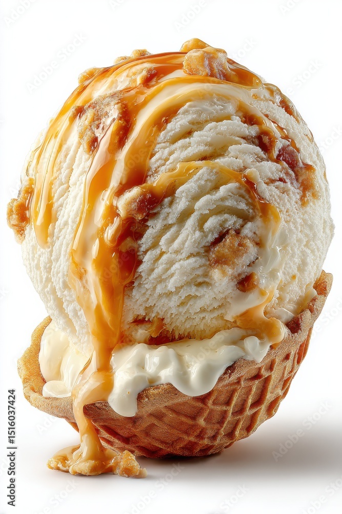 Aufkleber vanilla ice cream scoop with caramel drizzle in waffle cone, representing summer indulgence and swee