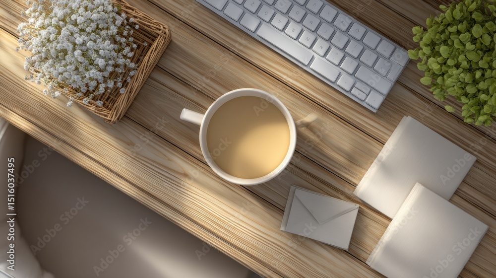 Aufkleber overhead view of coffee and keyboard on wooden desk, symbolizing remote work and digital lifestyle, 