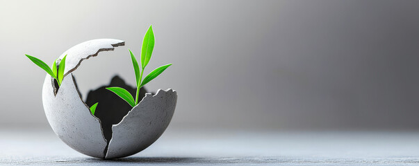 A cracked eggshell with green sprouts growing from it, symbolizing new beginnings and growth on a neutral background.