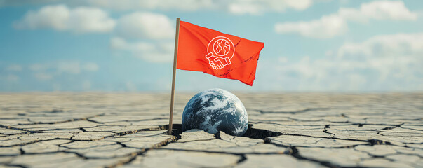 A cracked, dry earth with a small globe trapped in the ground, marked by a red flag symbolizing unity and environmental concern.