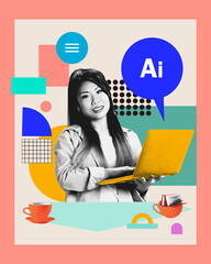 Pixelated retro composition. AI business assistant. Female freelancer with laptop surrounded by...