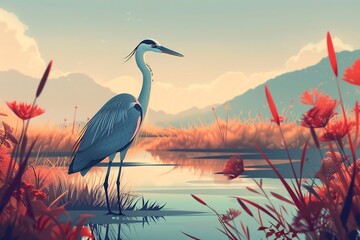 Gray Heron Standing in Wetland with Red Flowers during Sunset