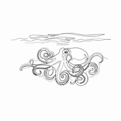 Octopus's Oceanic Realm: Dive into the tranquil world of the ocean with a delicate pen and ink illustration of an octopus gracefully navigating the depths.