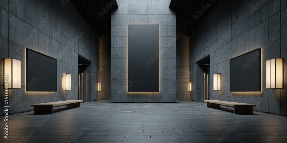 Poster modern art gallery interior with empty frames and benches, showcasing minimalist design and creative