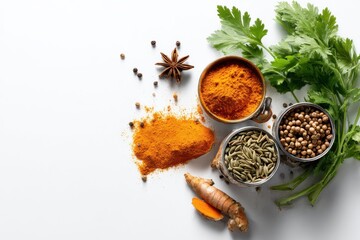 Overhead View of Spices and Herbs in Bowls, Representing Culinary Arts and Flavorful Cooking : Generative AI