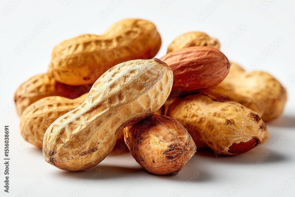 Poster pile of peanuts in shells on white background, representing healthy snack options and food industry 
