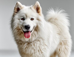 Fototapeta premium Smiling Samoyed Dog Portrait on Grey Background, Symbolizing Loyalty and Pet Adoption Campaign : Generative AI