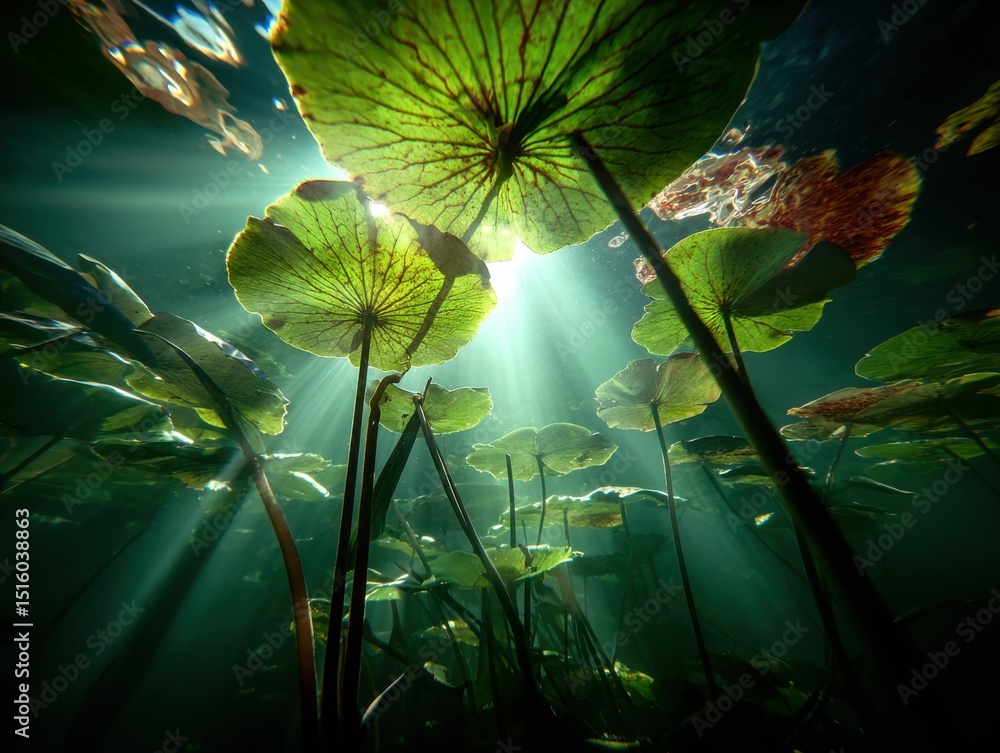 Poster underwater lily pads bathed in sunlight, representing serenity and environmental awareness for conse