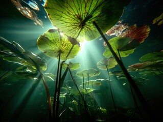 Underwater Lily Pads Bathed in Sunlight, Representing Serenity and Environmental Awareness for Conservation Projects and Nature Documentaries : Generative AI