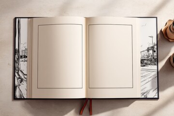 Open Sketchbook with Blank Pages and Coastal Town Illustrations, Representing Creative Writing and Travel Journaling for Vacation Planning : Generative AI