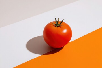 A tomato on a white and orange background, with a minimal concept studio photography style. The lighting is soft and the composition is isolated.