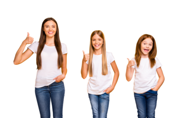 Pretty three sister ladies giving approval to tested product raising thumbs up wear casual outfit isolated yellow background