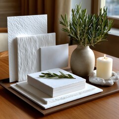 White textured panels and books on a tray, olive branch, candle, light beige vase