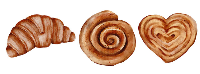 Sweet buns, pastries, croissant, watercolor illustration clipart