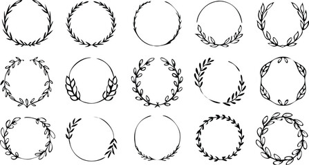 Collection of different black and white silhouette circular laurel foliate and oak, wreaths depicting an award, heraldry, achievement, victory, crown, winner, ornate,Vector icon illustration.